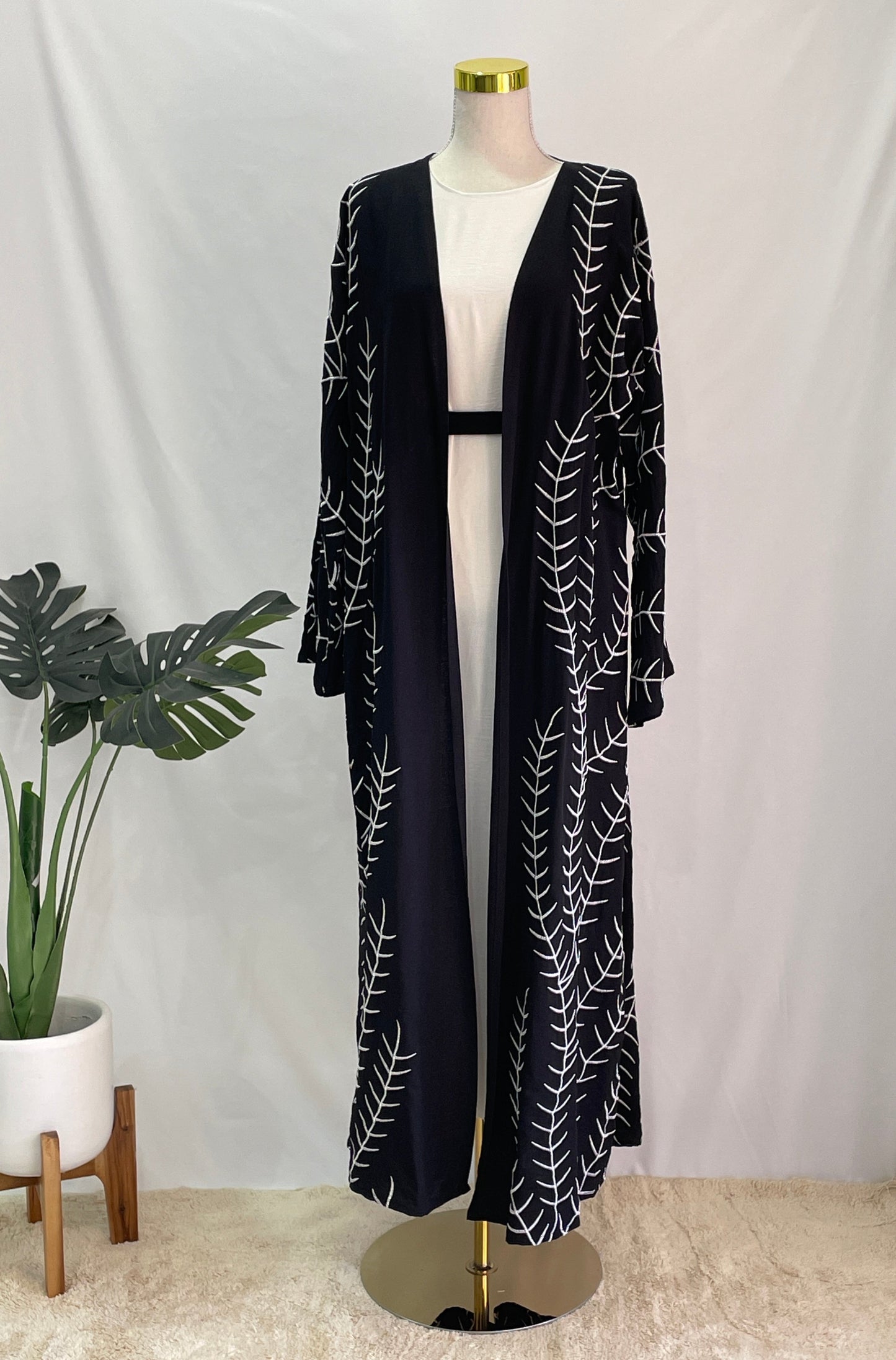 Sakina Jacket Abaya White, front view, full length, belt inside