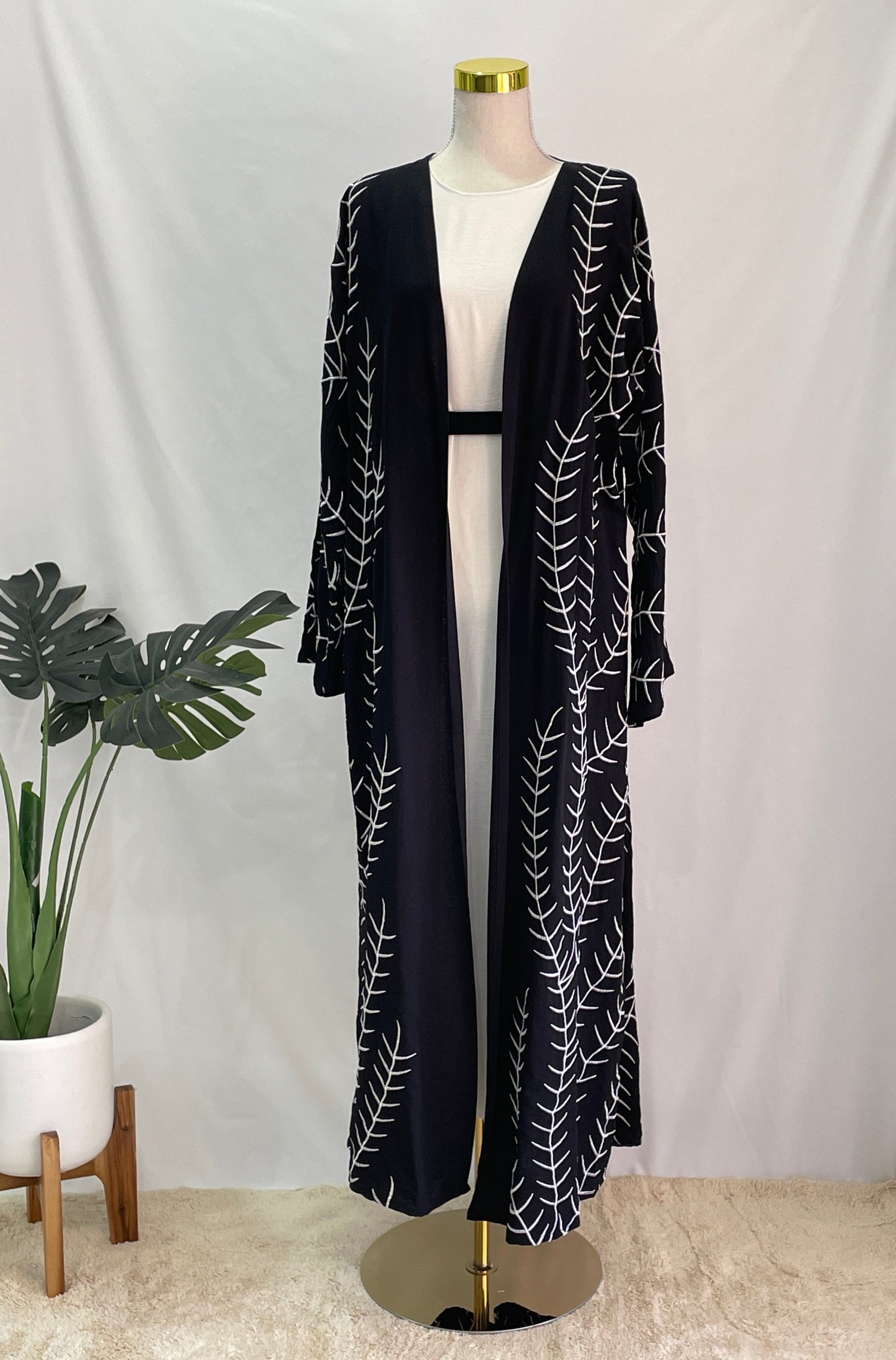 Sakina Jacket Abaya White, front view, full length, belt inside