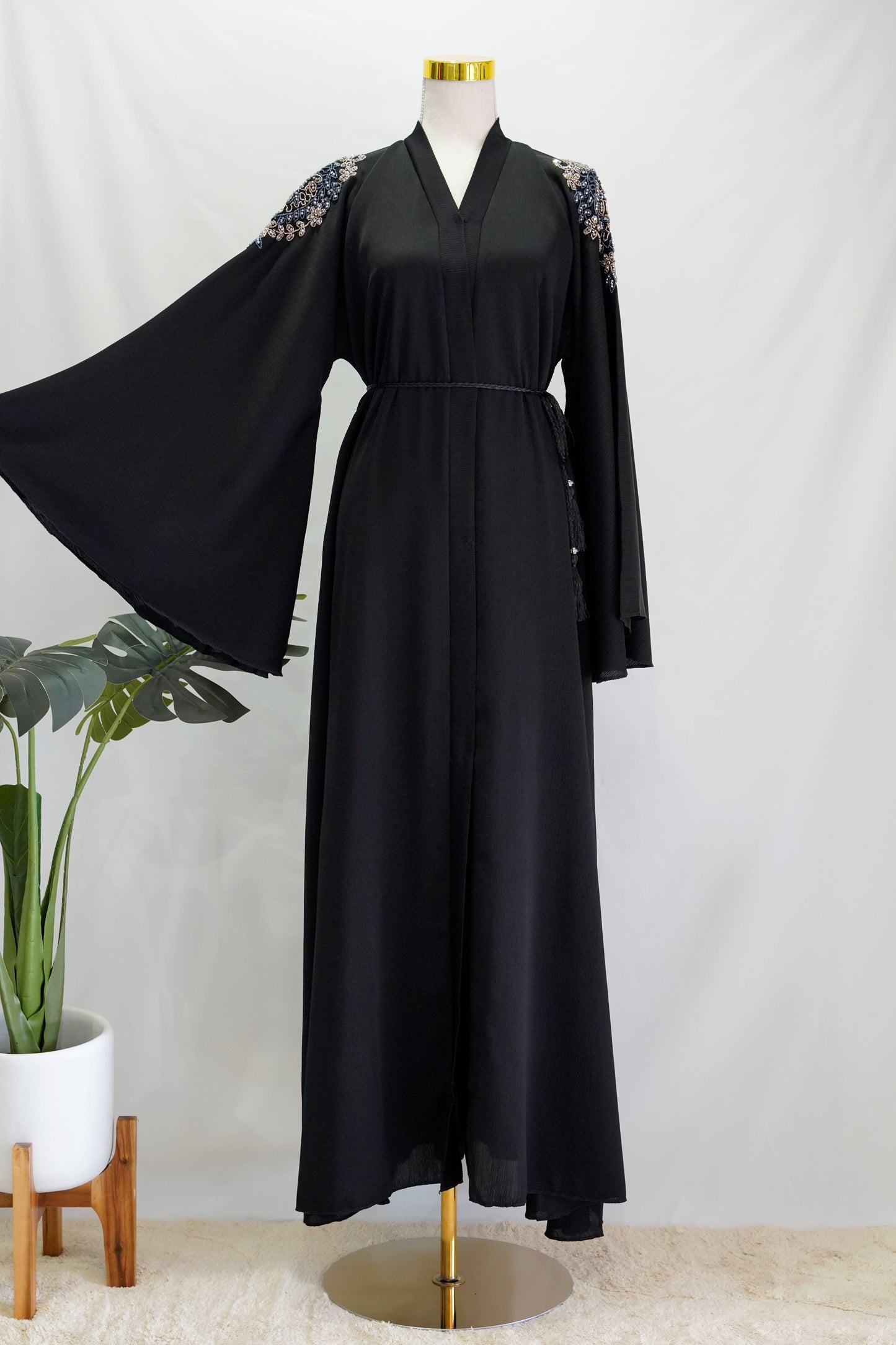 Aleena Abaya, front side, full length, bell sleeve